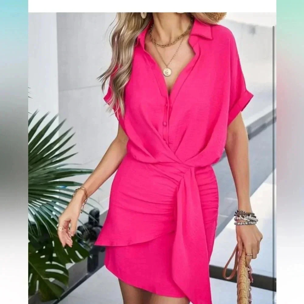 Elssime Women's Ruched Wrap Batwing Sleeve Dress Red Size S Casual - Picture 3 of 15